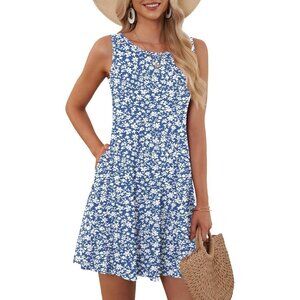 Women's Gray Blue Sleeveless Crew Neck Summer Boho Beach Dress with Pockets
